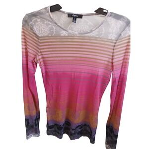 Y2k Express Long Sleeve Top Small Pink Brown Stripe Mesh Floral Print Made‎ USA